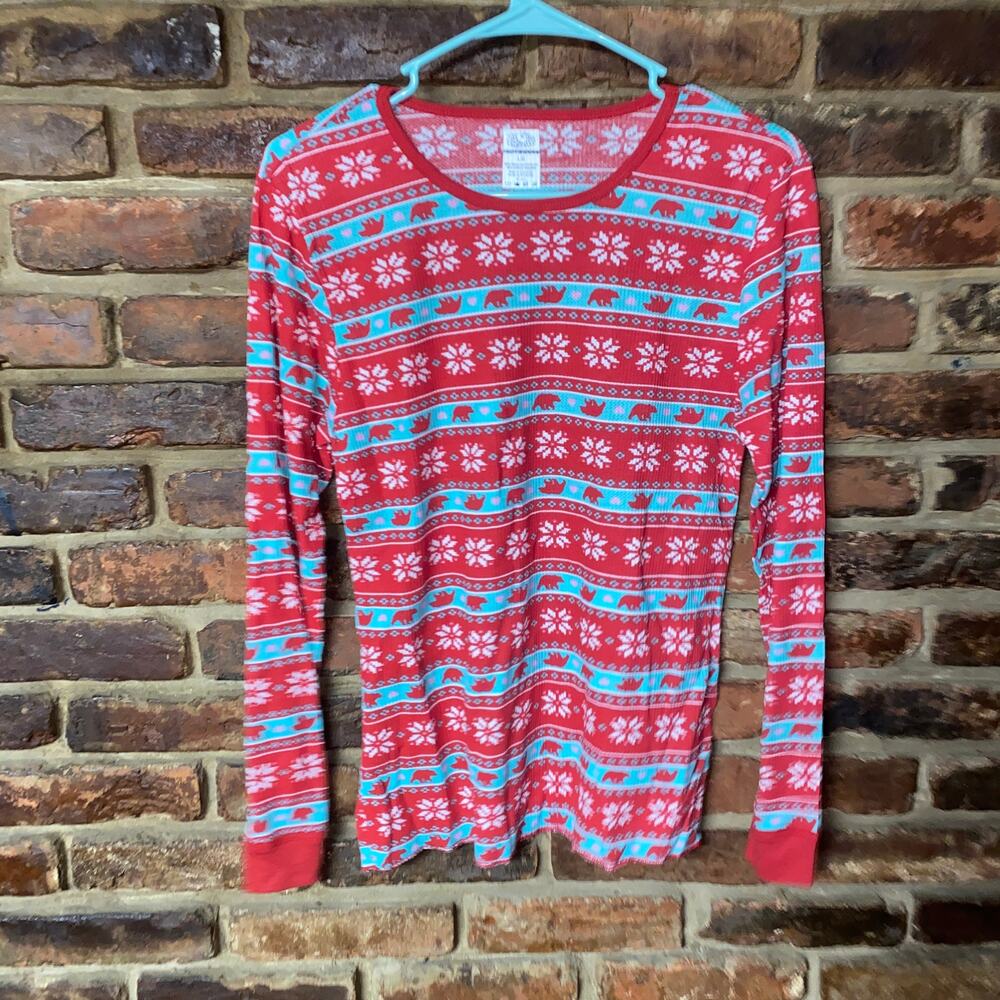 Fruit Of The Loom Red Blue Holiday Christmas Thermal Long Sleeve Top Size Large
